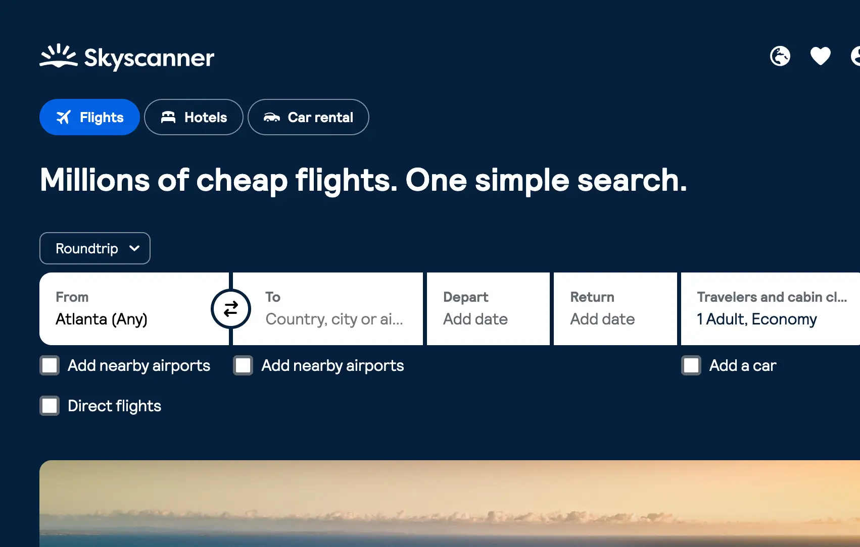 Skyscanner website for flight travel tools