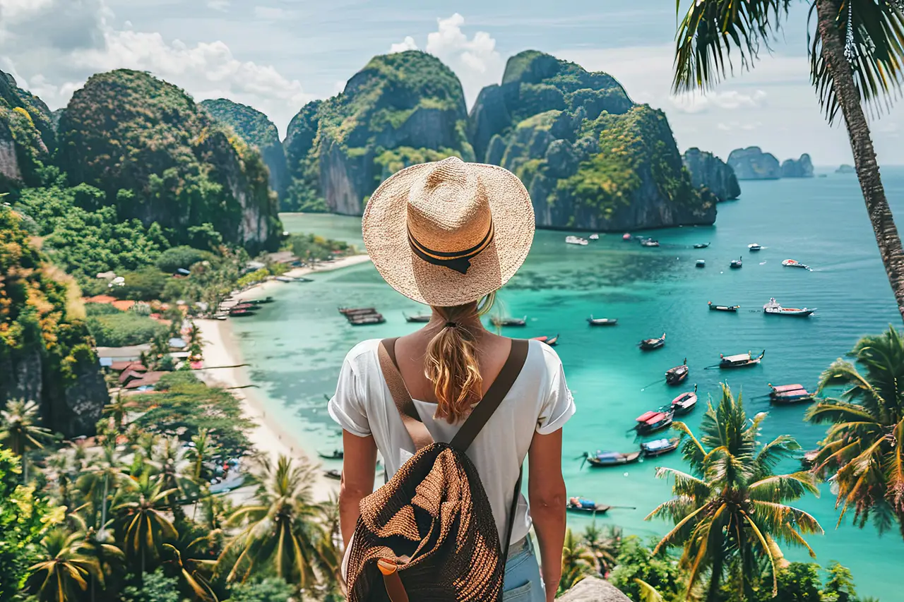 Woman overlooking tropical bay with turquoise water and boats