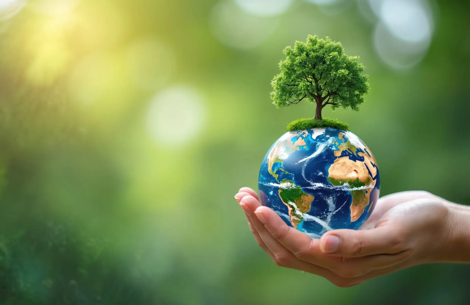 Hands holding planet Earth with tree symbolizing sustainability