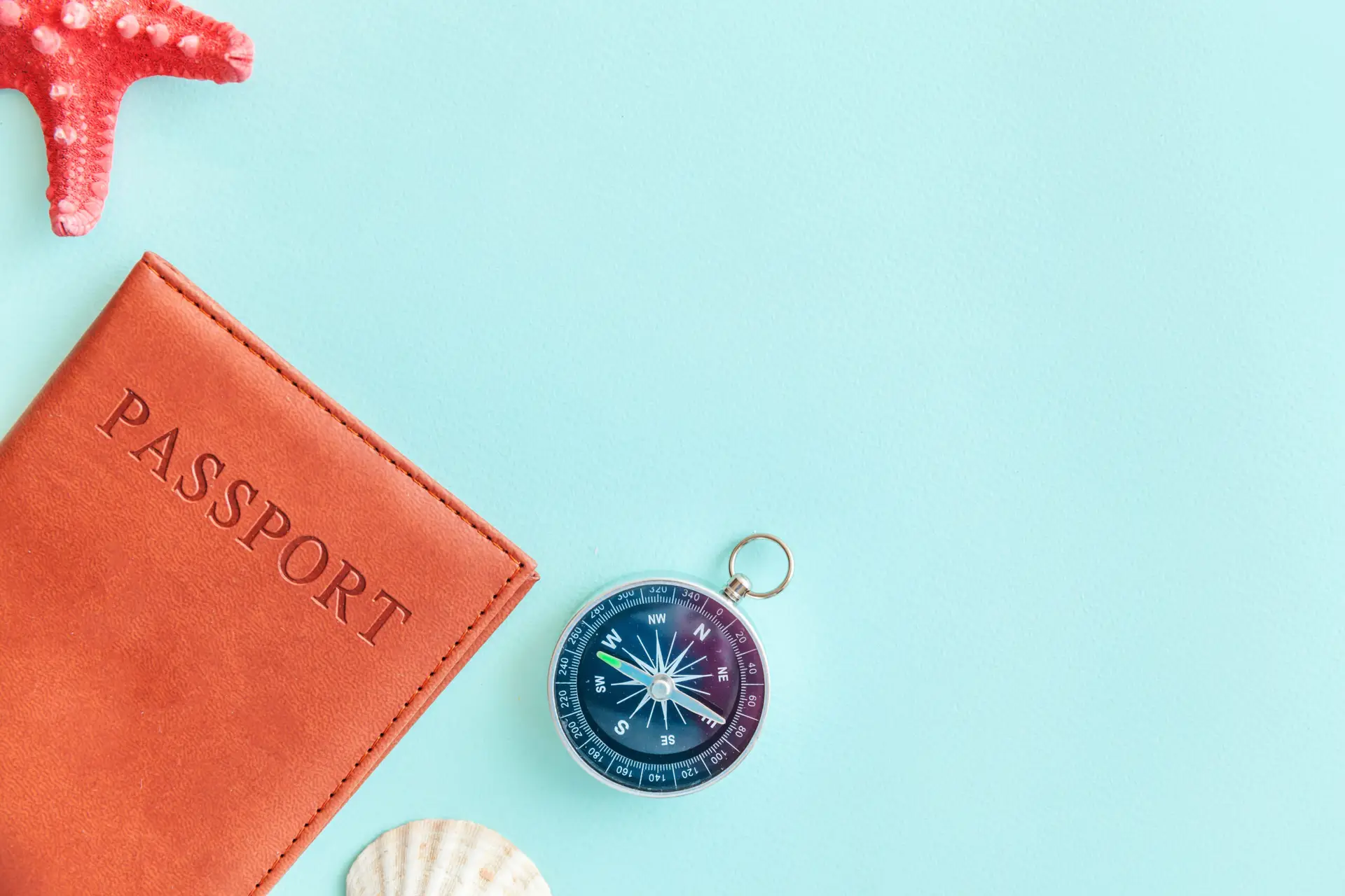 Flat lay of travel adventure essentials on blue pastel background