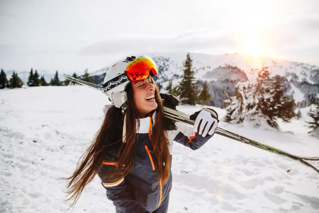 women snow skiing for winter trip
