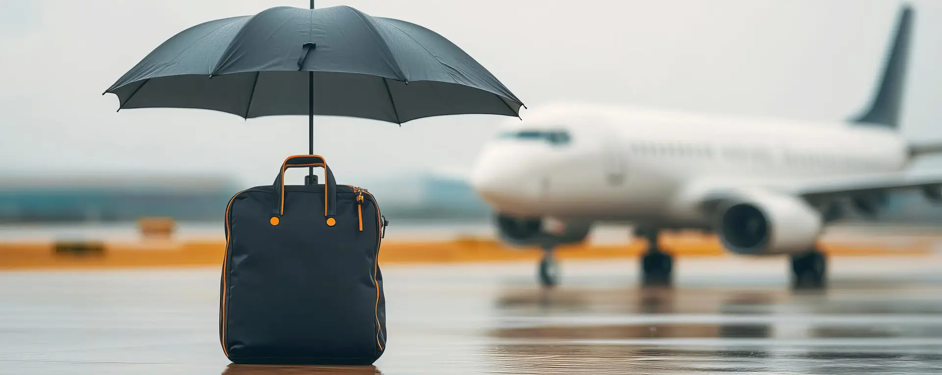 Travel insurance concept with suitcase and umbrella