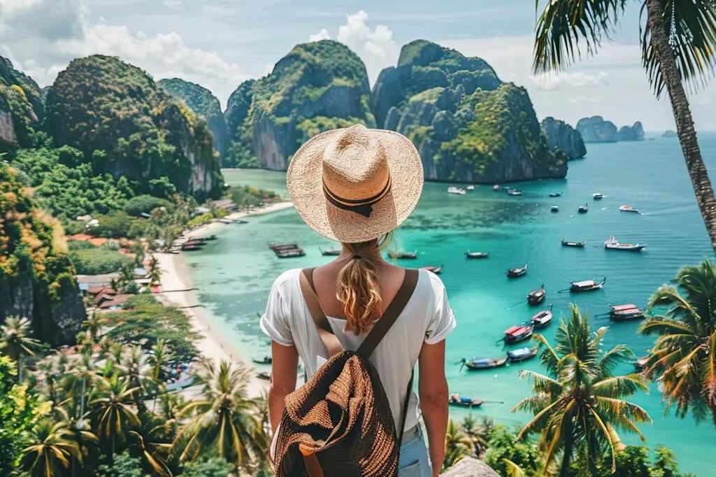 Woman overlooking tropical bay with turquoise water and boats