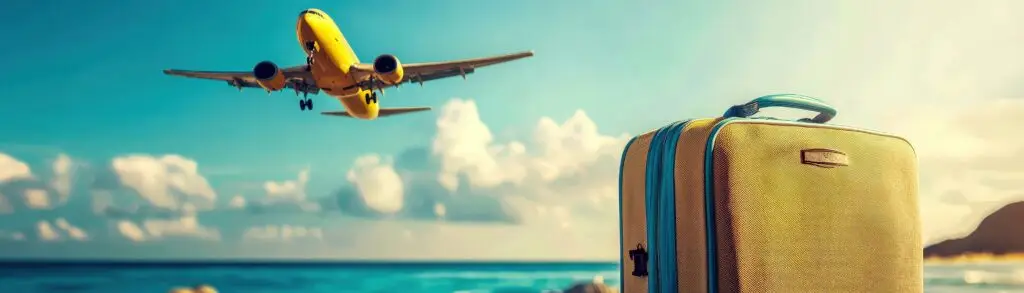 Yellow airplane flying over sandy beach with suitcase