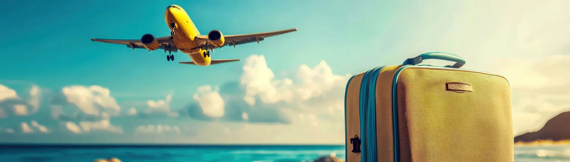 Yellow airplane flying over sandy beach with suitcase
