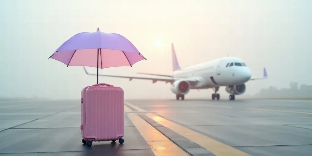 Travel insurance concept with pink luggage and umbrella at airport