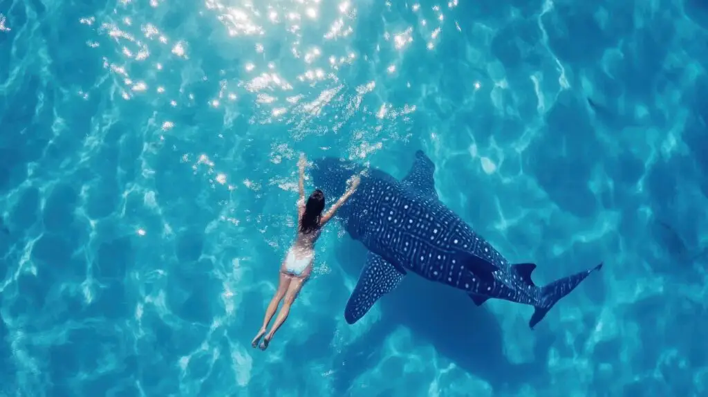 woman swimming with a whaleshark