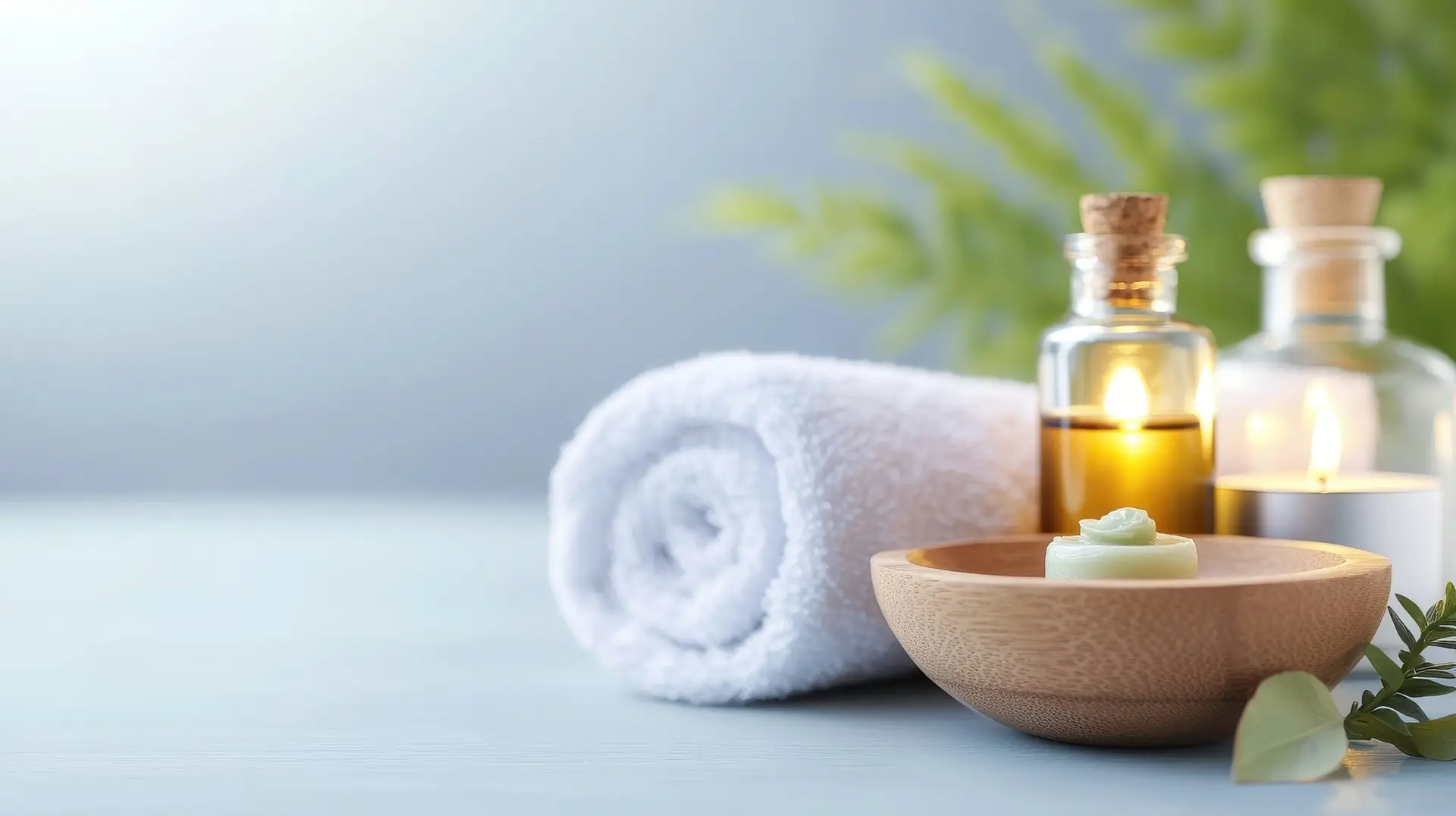 A tranquil spa scene featuring essential oils, a soft towel, and natural elements, promoting relaxation and wellness.
