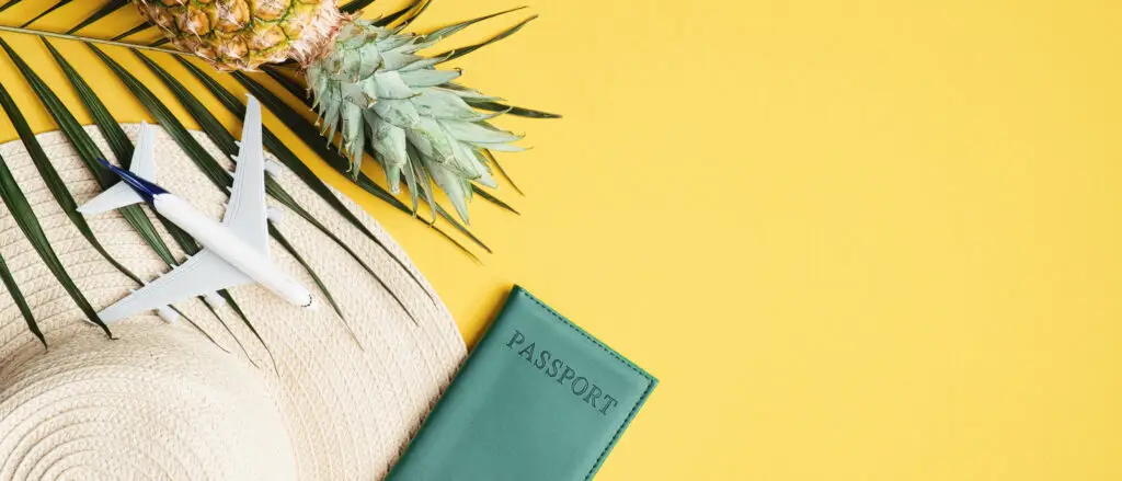 Flat lay of travel accessories with pineapple and passport