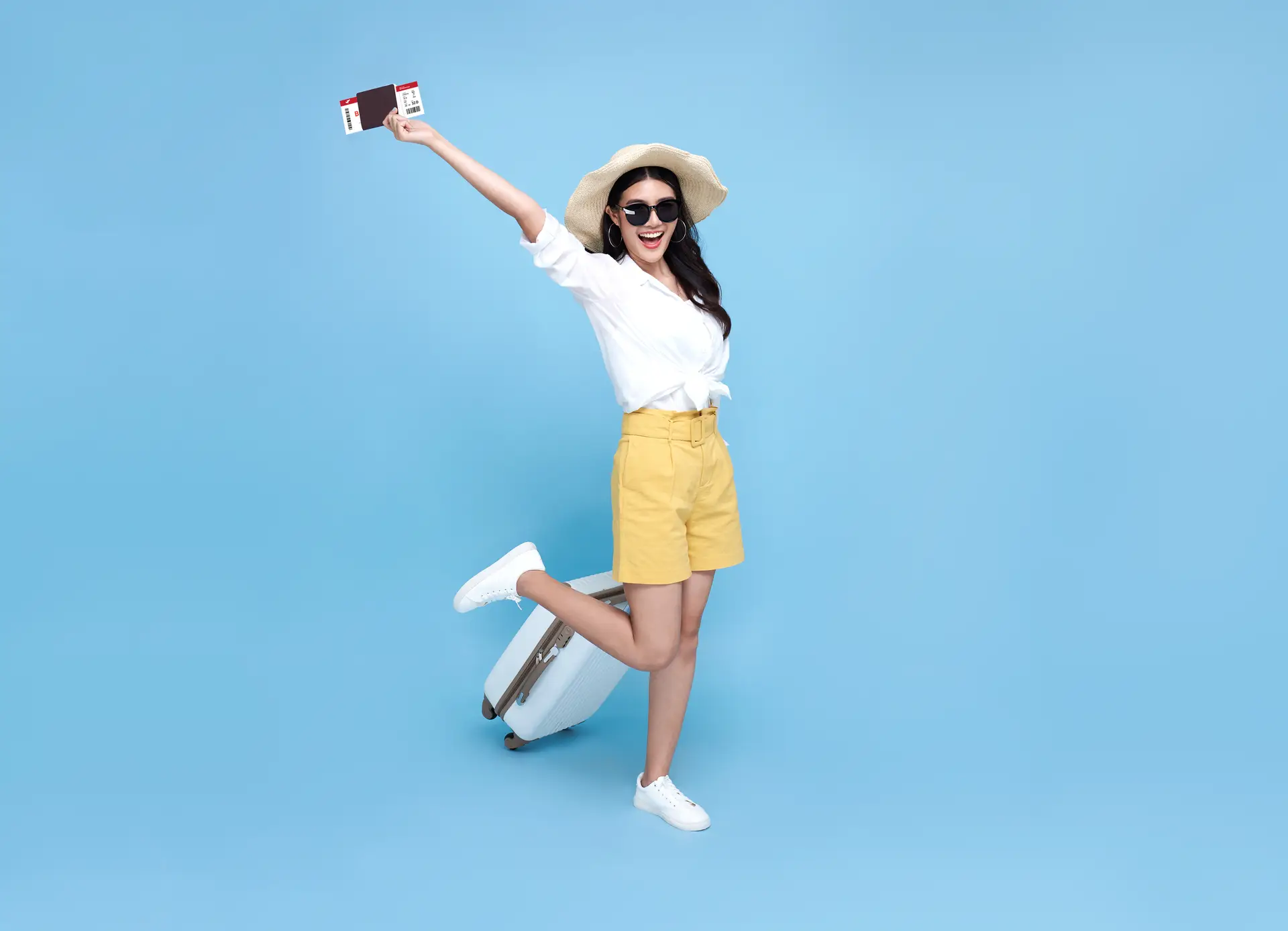 Summer travel vibes on blue background
