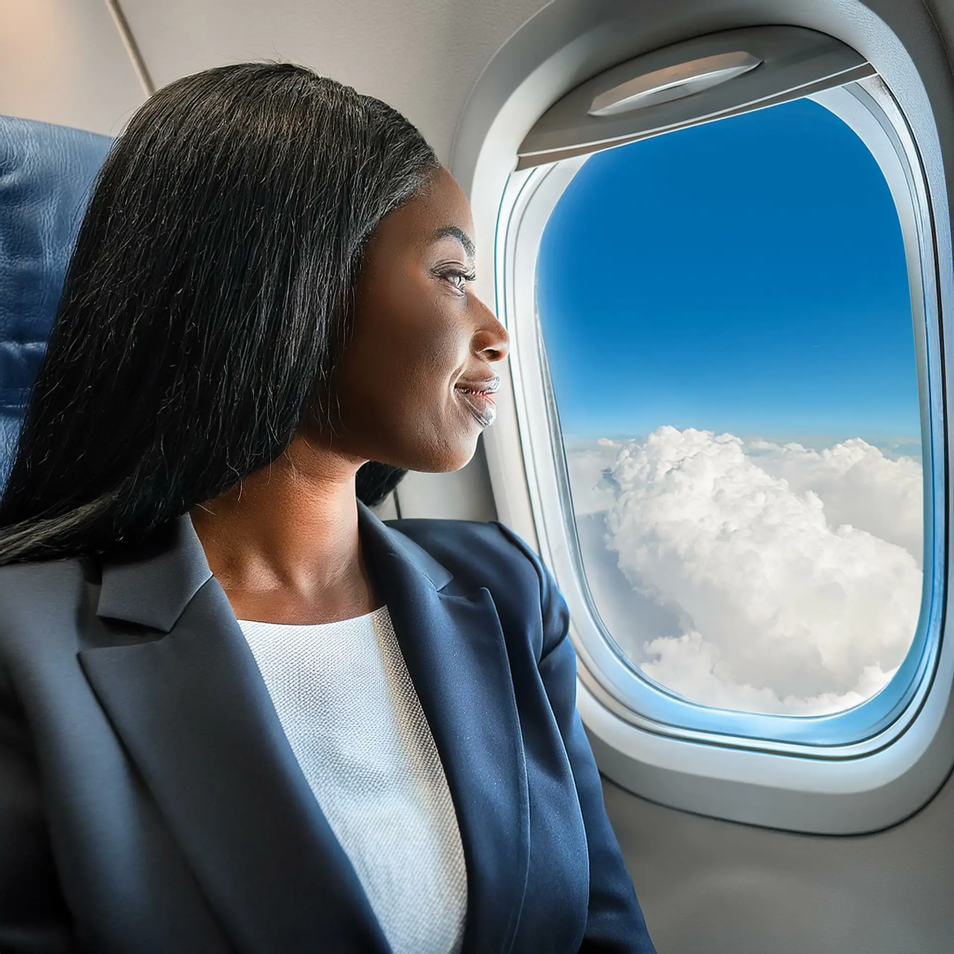 black woman traveling on a plane