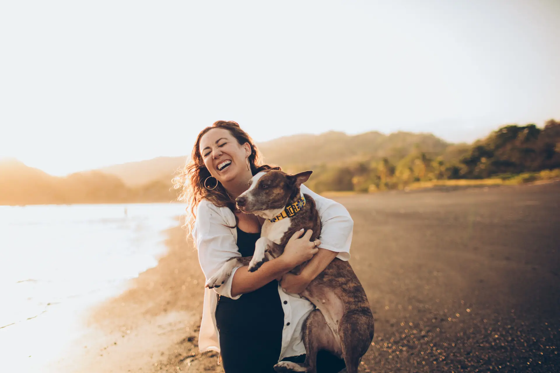 Solo female traveler with her dog loving life and her vacation
