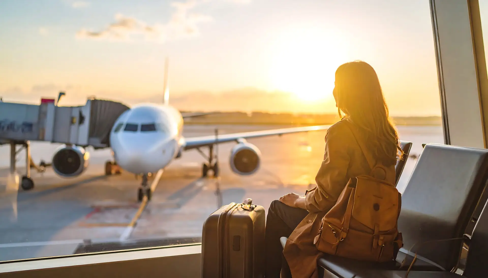 woman traveler looking out at the airplane, ready to solo travel